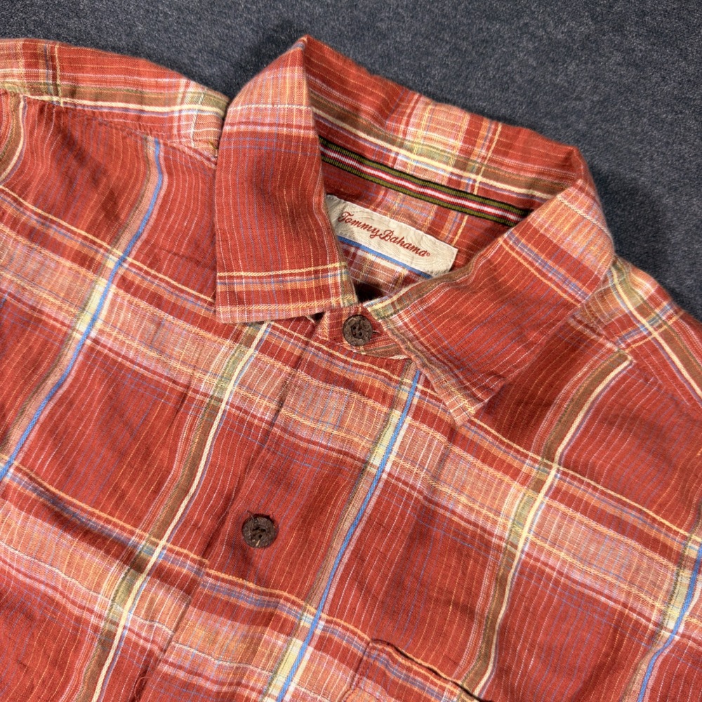 Tommy Bahama Shirt Mens L Orange Plaid 100% Linen Short Sleeve Button Up Casual